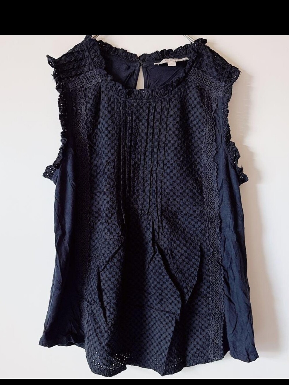 Women’s Navy Blue  Eyelet Cotton Material-Detail Sleeveless Top